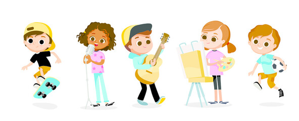 Set of 5 five kid / child cartoon characters performing different activities, music, art, sport. Children's hobbies and activities.