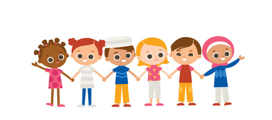Obraz na płótnie Canvas Set of 6 six kids holding hands. International characters. Multicultural concept.