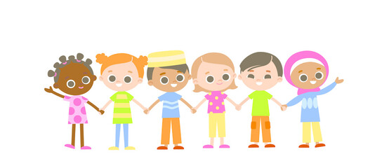 Set of 6 six kids holding hands. International characters. Multicultural concept.