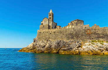 Fototapeta na wymiar A close-up view towards the church of Saint Peter in Porto Venere, Italy in the summertime