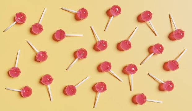 pink lollipops on a yellow background 3d render