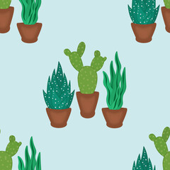 succulents and cactus in pots hand drawn seamless pattern