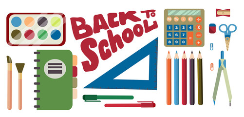 Back to school. School horizontal banner. A set of school supplies calculator, notebook, compasses, scissors, pencils, paint, sharpener, ruler.Vector illustration in flat style.