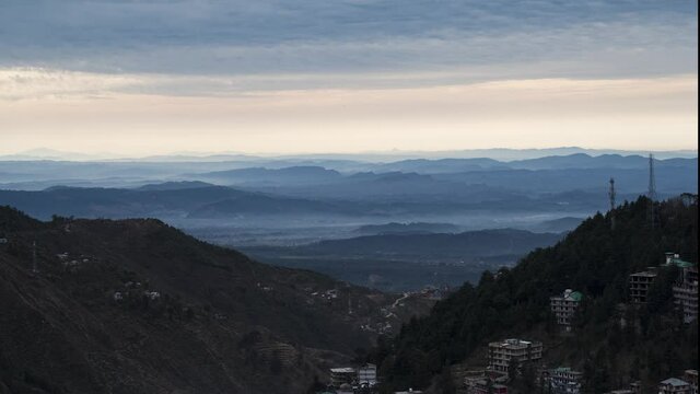 Time-lapse of moving clouds on top of a city in the Himalayan mountain range in Dharamkot, Himachal Pradesh shot in 4k.