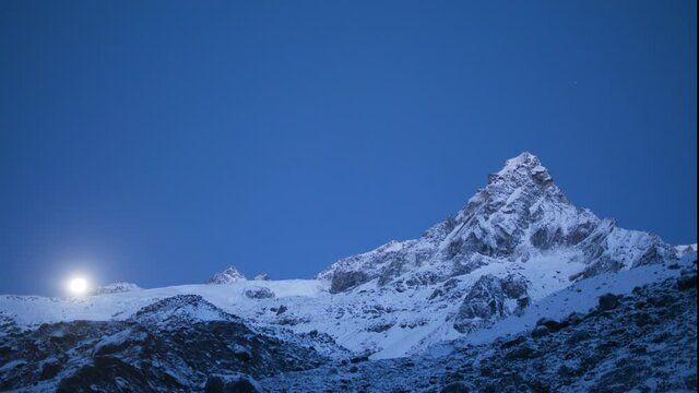 Timelapse of Sunlight scattering through the top of Pointy Mr. Frey Peak in Eastern Himalayan Range in Sikkim at 5380m shot in 4k
