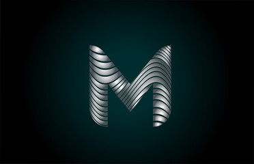 M silver grey alphabet letter logo icon for company. Metallic line design for corporate identity