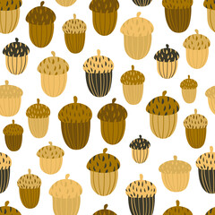 Autumn seamless pattern with stylized brown oak acorns on white background. Scandinavian style texture for fabric, wrapping, textile, wallpaper, clothes, apparel. Vector background with natural motifs