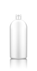 Liquid dishwashing detergent, fabric softener plastic bottle mockup with cap lid. Washing machine bleach and laundry soap package. Blank hygiene, housekeeping product template. 3d vector illustration