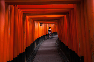 Fototapeta premium Woman dress Kimono walking at Fushimi Inari Taisha, Japanese shrine in kyoto japan