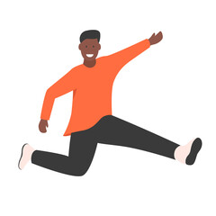 Happy young african american man jumping flat vector illustration. Man having fun, dancing and jumping with hands up in the air. Happy smiling stylish boy performing dance and jump in the air