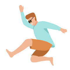 Happy young beautiful man in sunglasses jumping flat vector illustration. Man having fun, dancing and jumping with hands up in the air. Happy smiling stylish boy performing dance and jump in the air