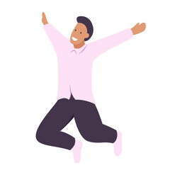 Happy young beautiful man jumping flat vector illustration. Man having fun, dancing and jumping with hands up in the air. Happy smiling stylish boy performing dance and jump in the air