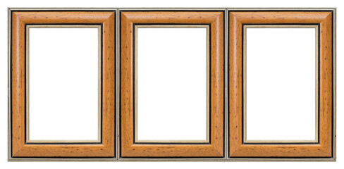 Triple wooden frame (triptych) for paintings, mirrors or photos isolated on white background