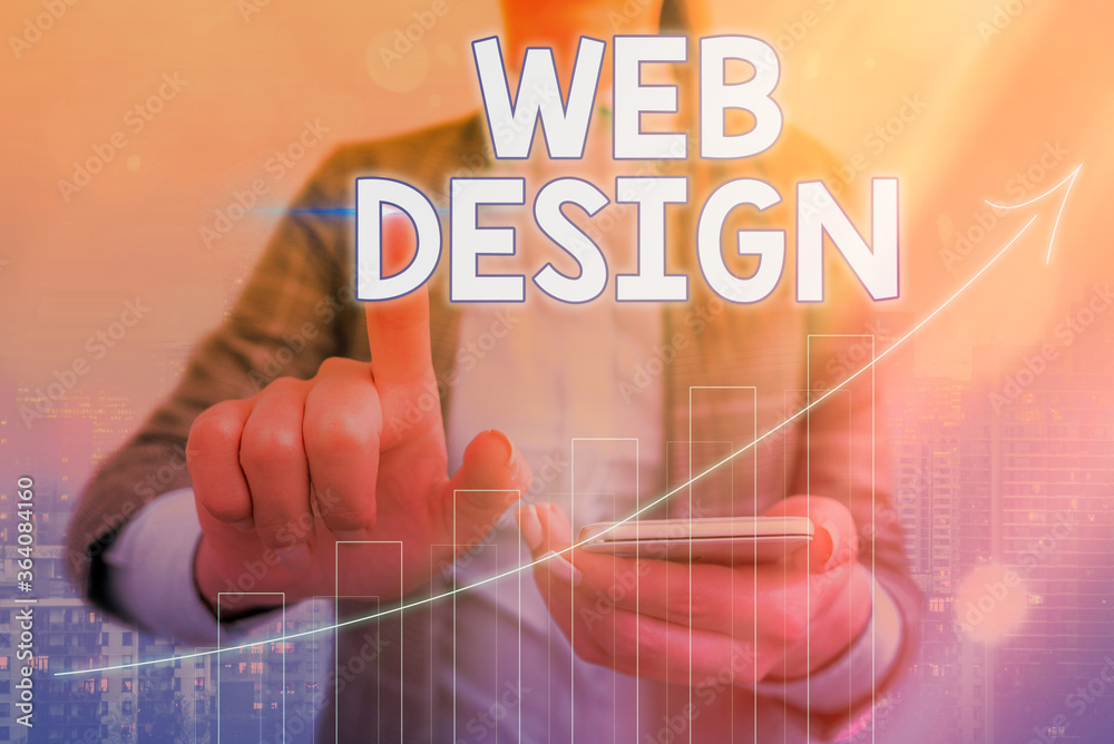 Fototapete Conceptual hand writing showing Web Design. Concept meaning website creation which includes layout, content, and graphics Arrow symbol going upward showing significant achievement