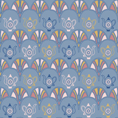 Art deco blue -pink shell and teapot seamless repeat pattern background