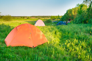 Tent camp camping at sunset on green grass field in forest