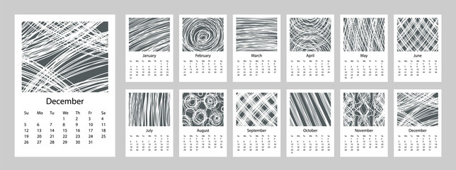 2021 Calendar design set of 12 months. 2021 Week starts on Sunday. Vertical Template A4 or A3 format. Business planner. Stationery design. Abstract artistic free doodle lines style vector. - obrazy, fototapety, plakaty