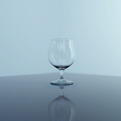 An empty shot glass on a light blue background. Shades of blue. 3d illustration. Glass, reflections, transparency.