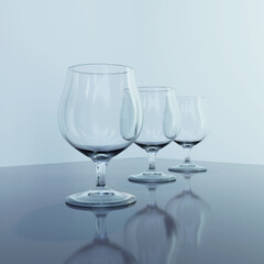 Three goblet glasses on a light blue background. Shades of blue. 3d illustration. Glass, reflections, transparency.
