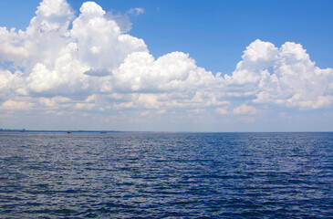Fototapeta premium Seascape. Blue sea and thick white clouds.