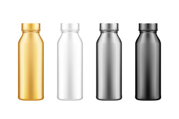 Yoghurt, milk, juice or shampoo bottle with lid mockup set . Plastic package design. Blank white, silver, gold, black food, cosmetic or detergent product container template. 3d vector illustration