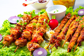 Grilled szaszlyk and meat flares with green salad