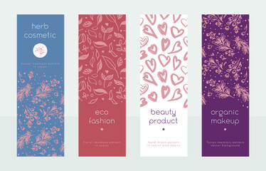 Natural cosmetic label tag with tender floral pattern and hand drawn hearts background. Eco cosmetics concept for vertical beauty banner. Eco friendly backdrop. Icons leaves for beauty care products. 
