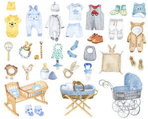 Watercolor accessories for newborns. Items for a newborn boy clipart. Drawing blue baby clothes. Children's decor. Booties, body, baby cradle illustration.