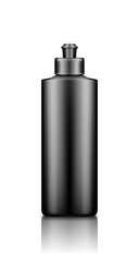 Liquid dishwashing detergent, rinser black plastic bottle mockup with cap. Washing machine bleach and laundry soap package. Blank hygiene, housekeeping product template. 3d vector illustration