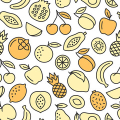 Fruit seamless background. Linear pattern with apple, banana, apricot, cherry, orange, lemon, pear. Vegetarian food icon texture. Vector illustration.