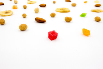 mix of different nuts  on white background, Flat lay