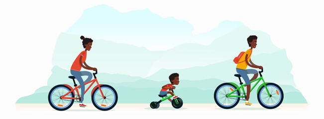 A young family with child rides bicycles. Mom, dad and their son ride bikes on nature. African American ethnicity family spends time together outdoors. Vector flat design illustration.