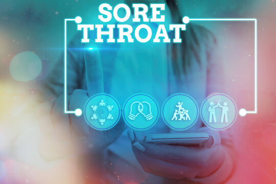 Conceptual Hand Writing Showing Sore Throat. Concept Meaning Inflammation Ot The Pharynx And Fauces Resulted From An Irritation Information Digital Technology Network Infographic Elements