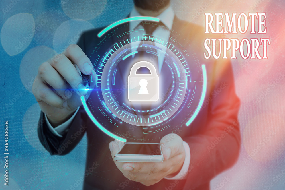 Poster word writing text remote support. business photo showcasing type of secure service, which permits re