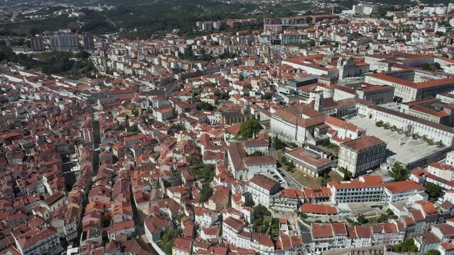 Panoramic aerial shot of the city of Coimbra, with University and Mondego river 