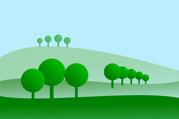 abstract springtime landscape with green hills and some abstract trees.