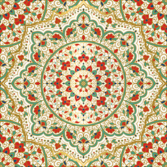Red, green and gold luxury ornament seamless pattern. Traditional Turkish, Indian motifs. Great for fabric and textile, wallpaper, packaging or any desired idea.