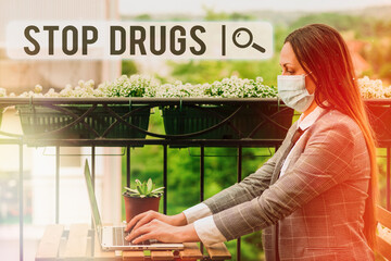 Writing note showing Stop Drugs. Business concept for put an end on the dependence on substances...