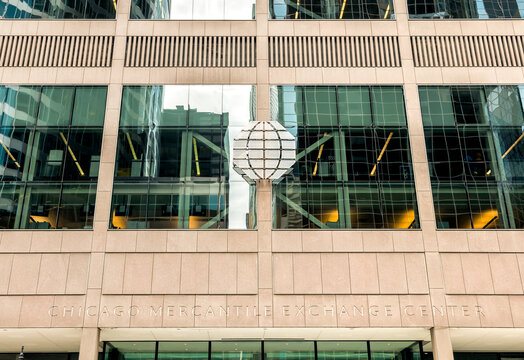 Chicago, Illinois, USA - August 16, 2014: Facade of Chicago Mercantile Exchange Center facade with logo, is an office complex of two towers in Chicago.