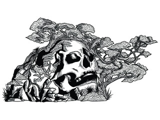 tattoo and t-shirt design black and white hand drawn skull hill premium vector