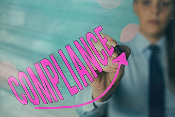 Handwriting text Compliance. Conceptual photo the action or fact of complying with a wish or...