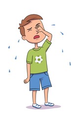 Sad boy crying covering her face with hand. Child isolated on white background. Vector character illustration of children gestures, emotions, types of moods.