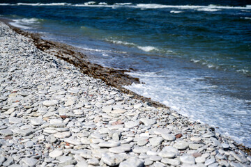 Eroded limestone coastline on the island of Gotland in Sweden summertime