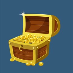 Old wooden chest with gold coin isolated on white