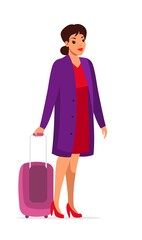 Girl tourist with rolling suitcases flat vector illustration. Traveler isolated cartoon character on white background. Woman with baggage are going to travel