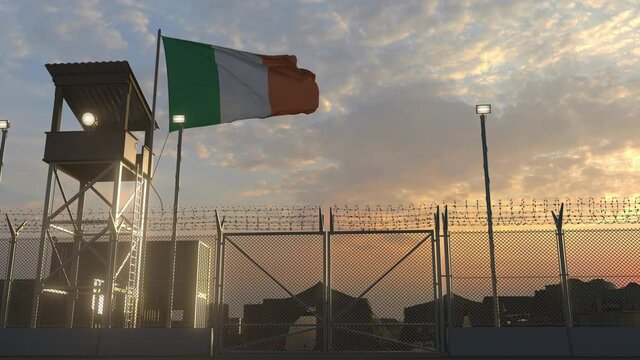 Military base with waving flag of Ireland 3d
