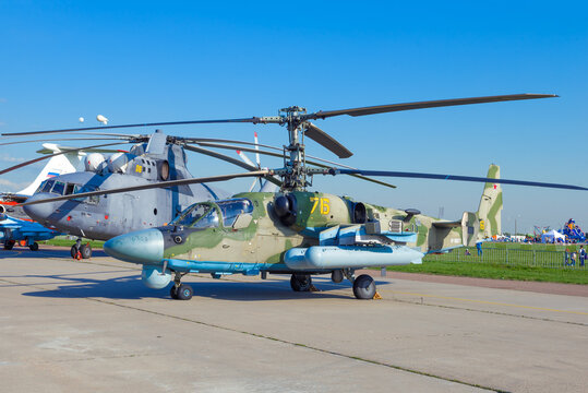 ZHUKOVSKY, RUSSIA - AUGUST 30, 2020: Russian attack helicopter Ka-52 