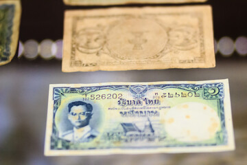 Rare old Thai paper money banknote vintage collection. Old Thailand Baht banknotes in the vintage market.