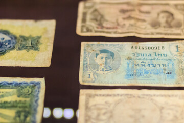 Rare old Thai paper money banknote vintage collection. Old Thailand Baht banknotes in the vintage market.