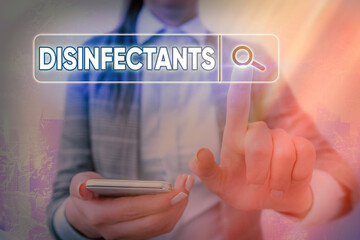 Writing note showing Disinfectants. Business concept for chemical that destroy vegetative form of...